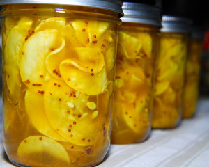 The yellow-colored turmeric in the brine complements the color of the yellow summer squash better