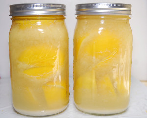 Packed in juice and salt, it will take a few weeks before the preserved lemons are ready for use