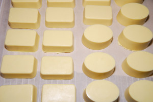 The soap is a pale creamy yellow when first unmolded