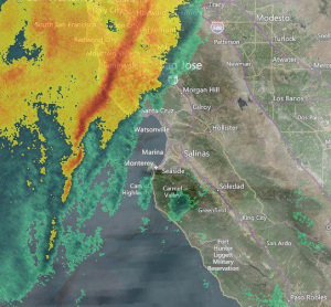Radar image shortly before the storm arrived shows a red intense rain band moving toward Santa Cruz